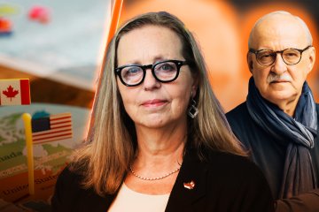 W nowym podcaście naTemat Jacek Pałasiński rozmawia z Małgorzatą Bonikowską o różnicach między USA i Kanadą. Małgorzata Bonikowska i Jacek Pałasiński na tle flag Kanady i USA.